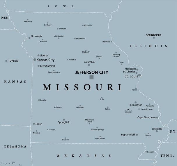 ミズーリ州、 MO 、州都ジェファーソンシティ、最大の都市、湖や川と灰色の政治地図。アメリカ合衆国中西部の州、通称「ショー・ミー州」、「ケイブ州」、「西の母」. - ベクター画像