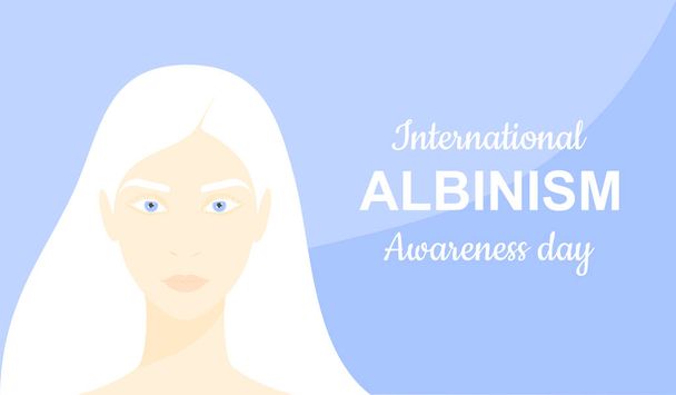 Belle femme albinos sur un fond bleu doux. Journée internationale de sensibilisation à l'albinisme  - Vecteur, image