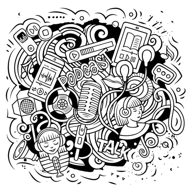 Äänisisältö sarjakuva doodles kuvitus. Luova, hauska vektoritausta. Podcastit, äänikirjat, radiosymbolit, elementit ja esineet. - Vektori, kuva