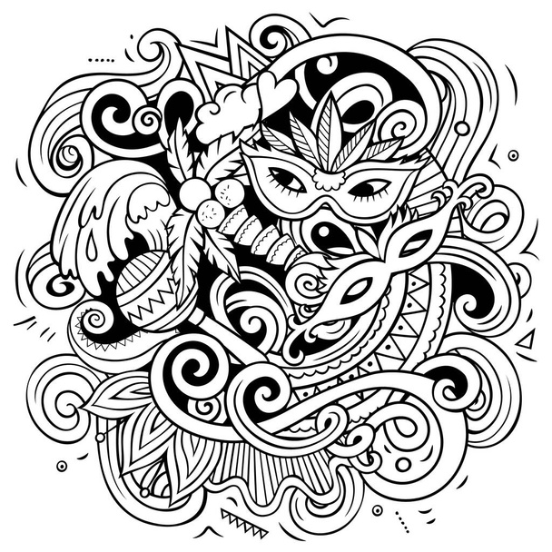 Бразильская иллюстрация векторных каракулей. Детальная композиция с большим количеством бразильских предметов и символов - Вектор,изображение