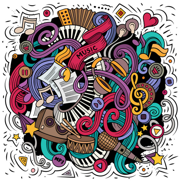 Music hand drawn vector doodles illustration. Musical poster design. Sound elements and objects cartoon background. Bright colors funny picture. All items are separated - Vector, Image