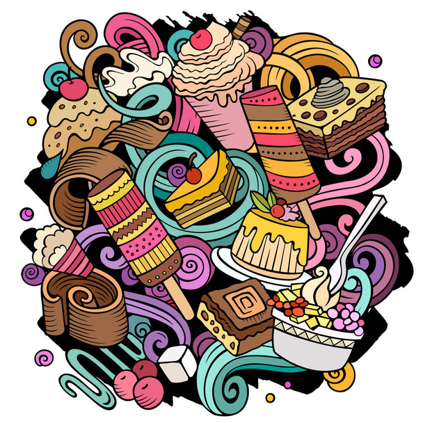 Sweet food vector doodles illustration. Desserts elements and objects cartoon background. Bright colors funny picture. All items are separated - Vektor, Bild