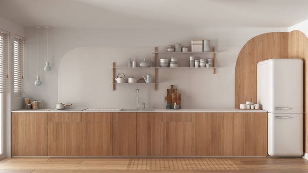 Σύγχρονη σύγχρονη κουζίνα σε λευκούς τόνους, ξύλινα ντουλάπια, νεροχύτη με βρύση και επαγωγικές εστίες, vintage ψυγείο. Ράφια με κεραμικά. Παράθυρα με περσίδες, εσωτερική διακόσμηση - Φωτογραφία, εικόνα
