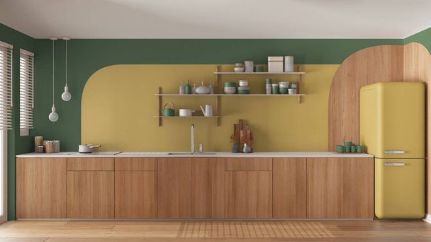 Modern contemporary kitchen in green tones, wooden cabinets, sink with faucet and induction hob, vintage refrigerator. Shelves with pottery. Windows with blinds, interior design - Photo, Image