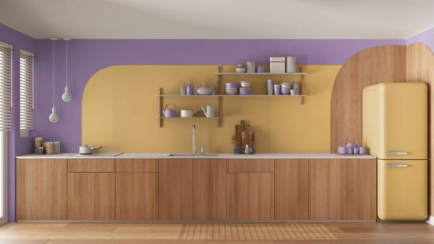 Cozinha contemporânea moderna em tons amarelos e roxos, armários de madeira, pia com torneira e placa de indução, frigorífico vintage. Prateleiras com cerâmica. Windows, design de interiores - Foto, Imagem