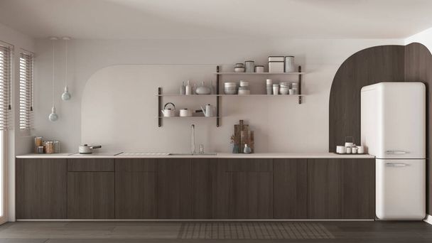 Σύγχρονη σύγχρονη κουζίνα σε σκούρους τόνους, ξύλινα ντουλάπια, νεροχύτη με βρύση και επαγωγικές εστίες, vintage ψυγείο. Ράφια με κεραμικά. Παράθυρα με περσίδες, εσωτερική διακόσμηση - Φωτογραφία, εικόνα