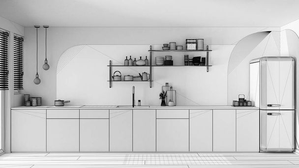 Unfinished project draft, σύγχρονη κουζίνα, ξύλινα ντουλάπια, νεροχύτης με βρύση και επαγωγικές εστίες, ψυγείο. Ράφια με κεραμικά. Παράθυρα με περσίδες, εσωτερική διακόσμηση - Φωτογραφία, εικόνα