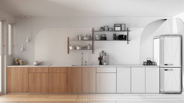 Αρχιτεκτονική έννοια interior designer: χειροποίητο προσχέδιο ημιτελές έργο που γίνεται πραγματικό, σύγχρονη κουζίνα, ντουλάπια, νεροχύτη με βρύση και επαγωγικές εστίες, ψυγείο - Φωτογραφία, εικόνα