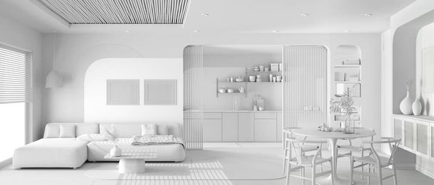 Загальний білий проект, панорамний вид на сучасну дерев'яну кухню, їдальню і вітальню, диван і стіл зі стільцями, розсувні двері. Вікно, паркет і стеля на тростині. Дизайн інтер'єру
 - Фото, зображення