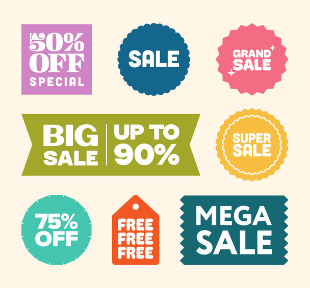 Set of Multi Color Promotional Sale Signs and Special Offers in Flat Design, Light Background, Vector Badges. Various Discount Designs, Cyber Monday, Black Friday, Seasonal Sale. - Vector, Image