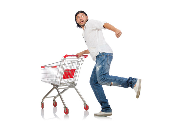 Man shopping with supermarket basket cart isolated on white - Valokuva, kuva