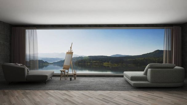 Beach living in the beautiful art workspaces of modern artists in the background view of the lake. -3d Rendering - Photo, Image