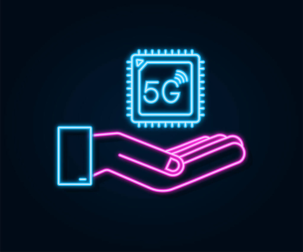 5G eSIM Вбудована SIM-карта з концепцією символу неонової піктограми. нова технологія чип мобільного стільникового зв'язку. Векторна стокова ілюстрація
 - Вектор, зображення