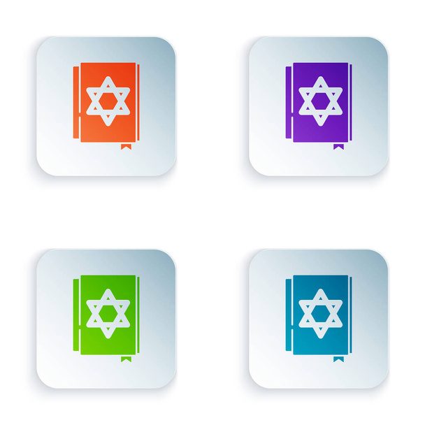 Color Jewish torah book icon isolated on white background. Pentateuch of Moses. On the cover of the Bible is the image of the Star of David. Set colorful icons in square buttons. Vector. - Διάνυσμα, εικόνα