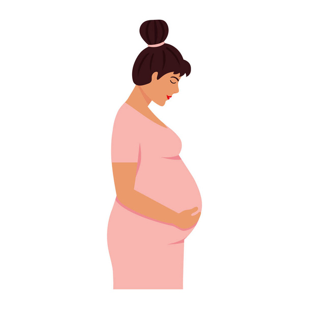 Mujer embarazada en vestido rosa. Madre esperando el concepto de niño. Ilustración de vector de estilo plano - Vector, Imagen