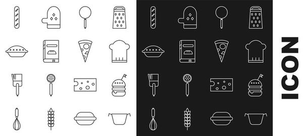 Set line Cooking pot, Burger, Chef hat, Frying pan, Cookbook, Homemade pie, French baguette bread and Slice of pizza icon. Vector - Wektor, obraz