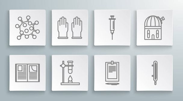 Set line Open book, Rubber gloves, Glass test tube flask on fire heater, Clipboard with document, Meteorology thermometer measuring, Syringe, Astronomical observatory and Bacteria icon. Vector - ベクター画像