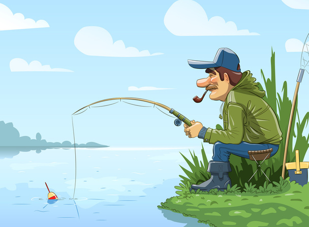 Fisherman with rod fishing on river - Vector, afbeelding
