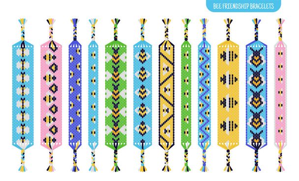 Honey bee handmade friendship bracelets set of threads or beads. Macrame normal pattern tutorial. Vector cartoon isolated illustration. - Vector, Image