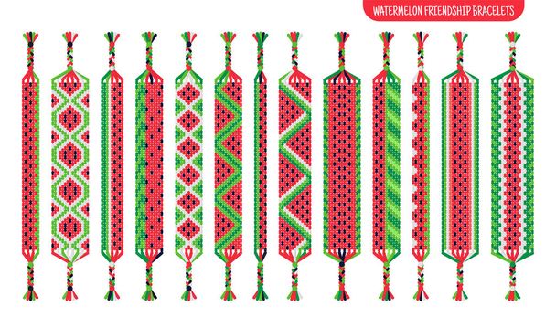 Watermeloen fruit handgemaakte vriendschap armbanden set van draden of kralen. Macrame normale patroon tutorial. Vector cartoon geïsoleerde illustratie. - Vector, afbeelding