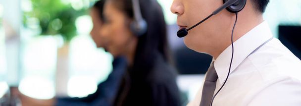 Customer service with friendly, man and woman call center and operator for support client, group of business team with assistance and consultant, adviser helpdesk and contact, communication concept. - Photo, Image