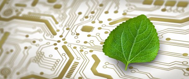 Bilgisayar devre kartının birleşme noktasında yeşil yaprak var. Dijital Yakınsama ve Teknolojik Yakınsama ile Doğa. Green Computing, Green Technology, Green IT, CSR ve IT etik kavramı. - Fotoğraf, Görsel