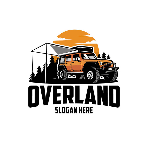 Overland camper truck in forest vector logo illustration. Best for camper van and truck or outdoor sport related logo - Vector, Image