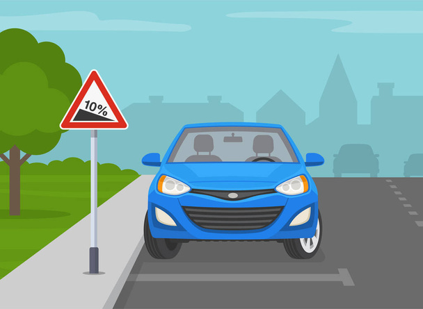 Outdoor parking rules and tips. How to park on a downhill. Turn your front wheels into the curb. Front view of a parked blue sedan car beside downhill sign. Flat vector illustration template. - Vector, Image