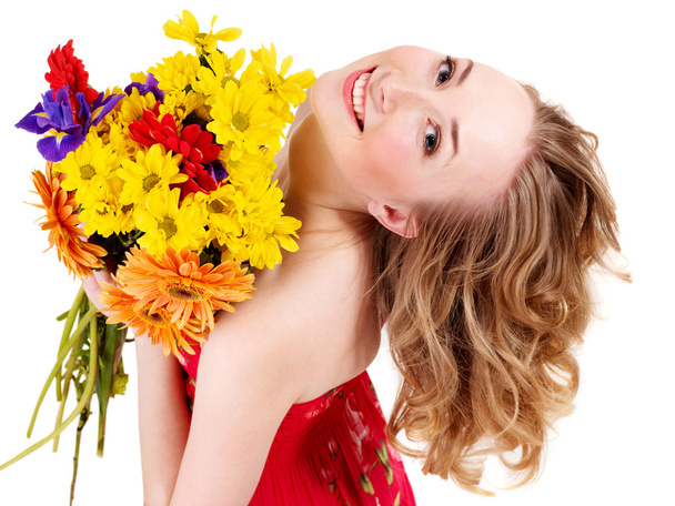 glad ung kvinna anläggning blommor. - Fotografie, Obrázek
