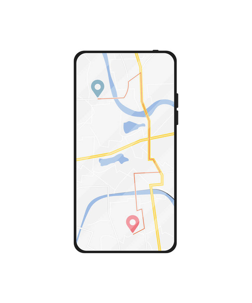 Κινητό τηλέφωνο με ψηφιακή πλοήγηση GPS. Χάρτης με σημείο. Εφαρμογή πλοήγησης για κινητά GPS σε smartphone με οθόνη αφής για ιστοσελίδες, banners. - Διάνυσμα, εικόνα