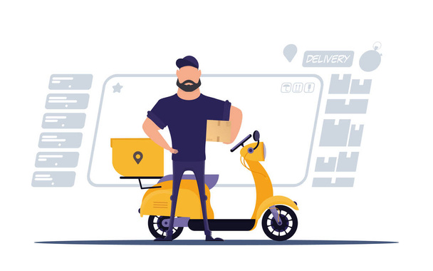 A male courier stands near a scooter and holds a box. - ベクター画像
