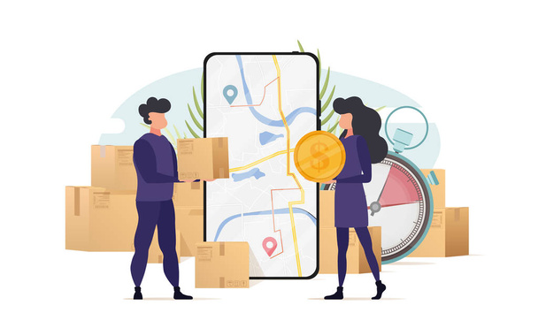 A courier man delivers a box to a girl. The concept of online ordering and delivery. Vector illustration. - Vector, Image