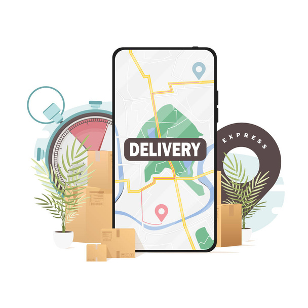 Express delivery concept. Lots of boxes and things, a phone with a map. Vector illustration. - Vector, Image