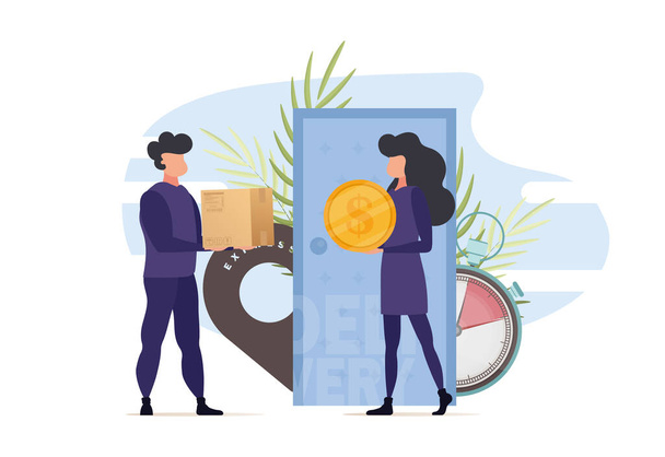 A girl receives a package from a courier. The concept of delivery. Illustration in vector format. - Vector, Image