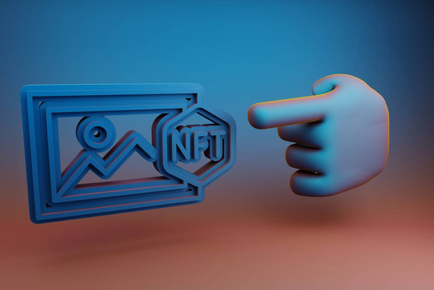 Gyönyörű illusztrációk elvont kéz mutatóujj mutat NFT Art szimbólum ikon egy többszínű fényes háttér. 3D renderelés illusztráció. A tervezés háttér-mintázata.  - Fotó, kép