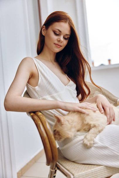 beautiful woman stroking a cat sitting in a chair outdoors Happy female relaxing. High quality photo - Photo, Image