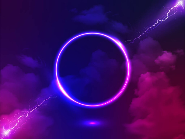 Neonový kruh, zářící kulatý rám, růžové modré neonové světlo, Elektrický blesk, konfrontace nebo boj mezi dvěma blesky. Zdroj energie, ultrafialové spektrum, laserový kruh, mlha. Abstraktní ilustrace. - Fotografie, Obrázek