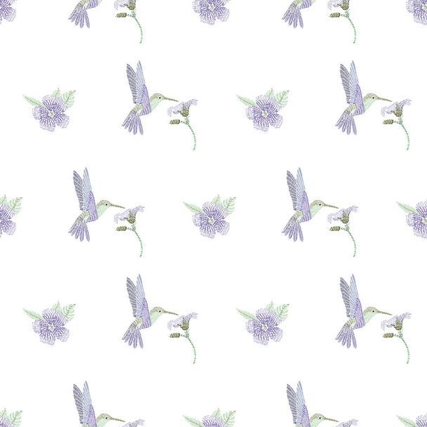 repülő kolibri lila virág és levelek zökkenőmentes minta elszigetelt fehér alapon. textúra szövet, csomagolás, textil, tapéta, ruházat. Vektorillusztráció - Vektor, kép