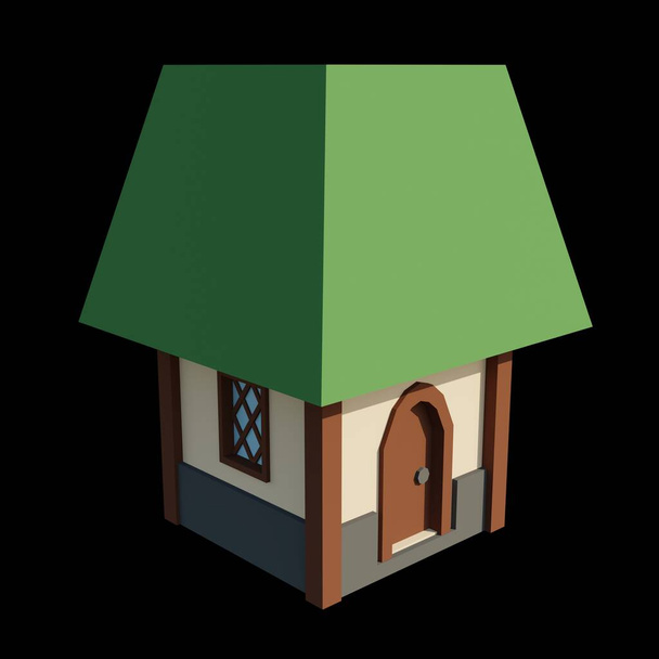 Середньовічний зелений дах 1-поверховий будинок 3d рендеринга. Ілюстрація будівлі фентезі. перспективна архітектура. - Фото, зображення
