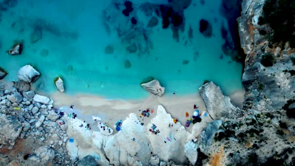 Golfo di Orosei Sardina, Widok z góry, wspaniały widok z lotu ptaka na plażę pełną parasoli plażowych i ludzi opalających się i pływających na turkusowej wodzie. Cala Gonone, Sardynia, Włochy, Cala Mariolu. - Materiał filmowy, wideo
