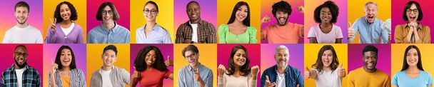 Happy Emotions. Set Of Cheerful Multiethnic Peoples Portraits Over Bright Gradient Backgrounds, Creative Collage With Smiling Multicultural Male And Female Faces Over Colorful Backdrops, Panorama - Photo, Image