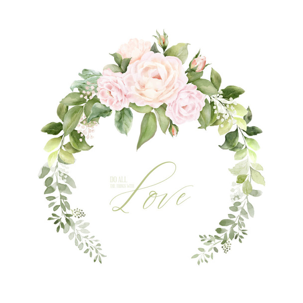 Watercolor wreath frame design with pink roses and leaves. Floral vector arrangements isolated on white background, suitable for wedding invitations, save the date, thank you, or greeting cards. - Вектор, зображення