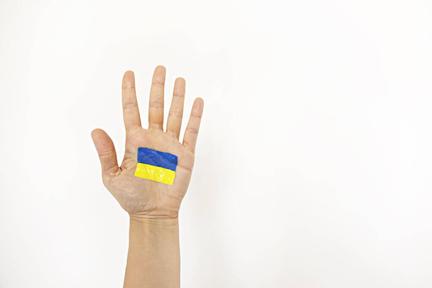 Close up shot of a female's palm of hand with Ukrainian national flag drawn on it. A hand raised in a support of Ukraine. Copy space for text, background. - Zdjęcie, obraz