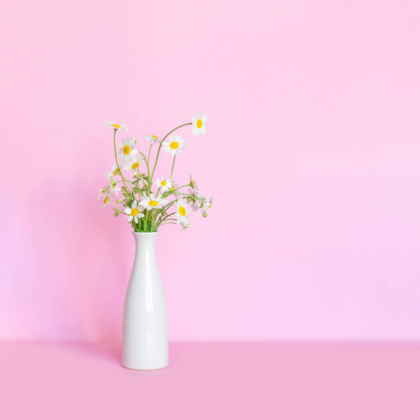 mazzo di margherite bianche in vaso contro una parete rosa - Foto, immagini