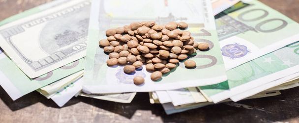 Granos de lentejas en billetes. El aumento de los precios de los alimentos en Ucrania debido a la guerra - Foto, Imagen