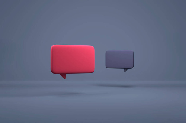 3D mínimo de color rosa y púrpura burbujas de chat hablar o comentar símbolo de signo en el fondo oscuro. Mensajes de comunicación en redes sociales. ilustración de renderizado 3d. - Foto, Imagen