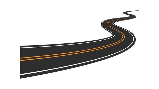 Winding highway with sharp turns. Empty dark asphalt road and yellow markings with curves. Complicated journey with constant attention and vector concentration - Vector, Image