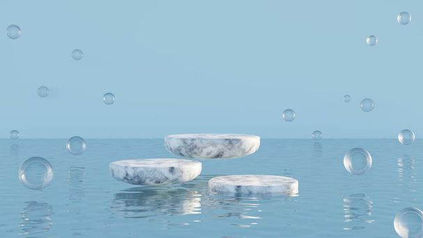 Abstrakte, leere Marmor-Produktdisplay-Plattform schwebt in der Mitte über der Wasseroberfläche mit kugelförmigen Luftblasenkugeln zur Produktpräsentation 3D-Darstellung - Foto, Bild