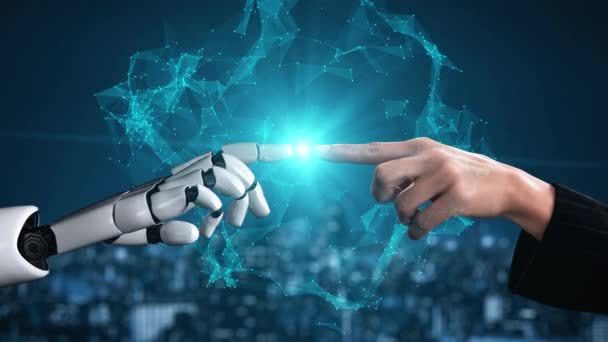 Gelecekçi robot yapay zeka yapay zeka yapay zekayı aydınlatıyor ve makine öğrenme kavramını geliştiriyor. İnsan hayatının geleceği için küresel robot kuantum bilimi araştırması. 3B görüntüleme grafiği. - Video, Çekim