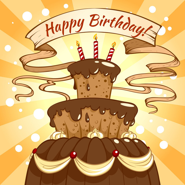 Birthday card with a big chocolate cake - Vector, Imagen